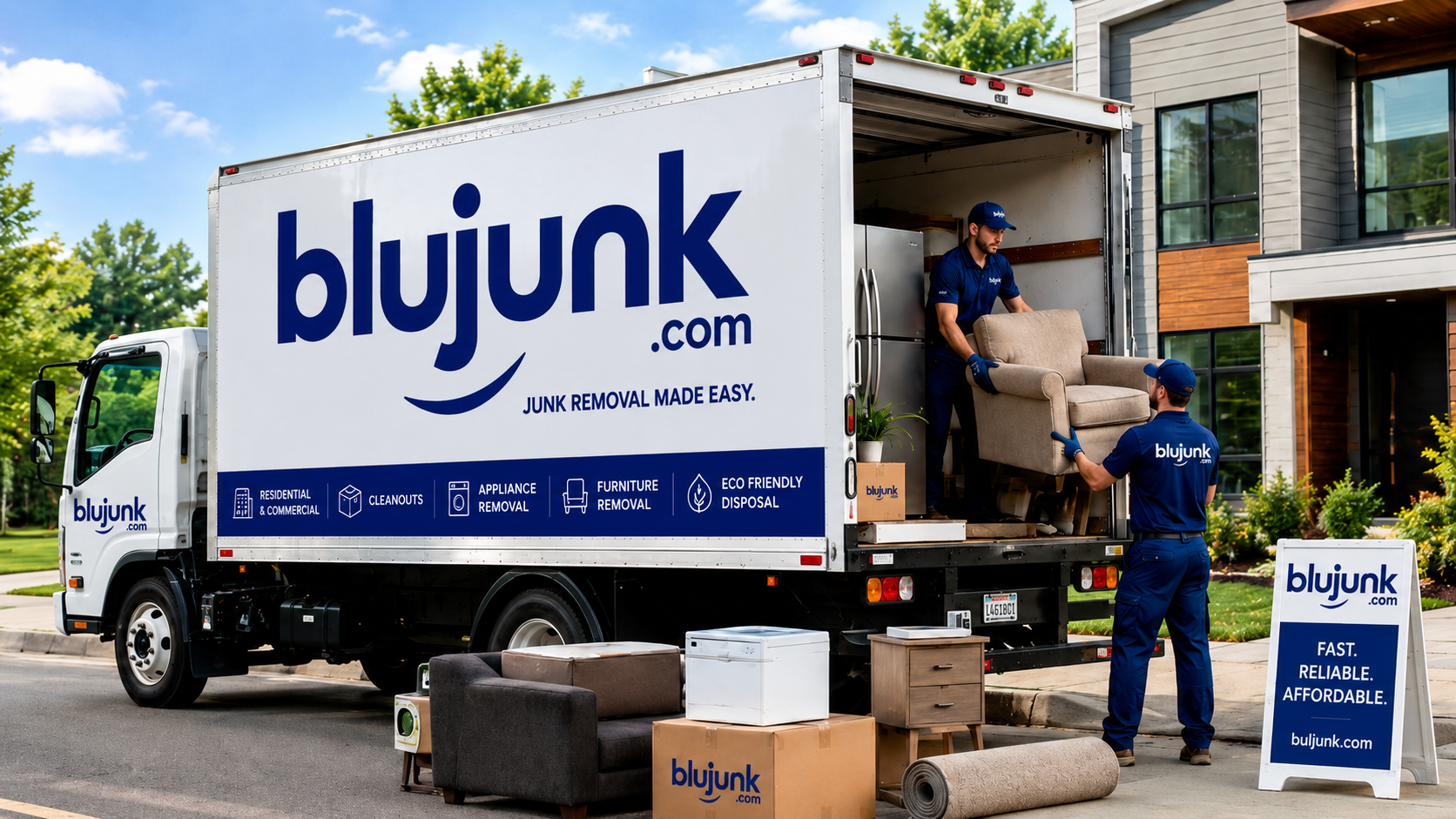 BluJunk crew loading furniture into the branded BluJunk truck